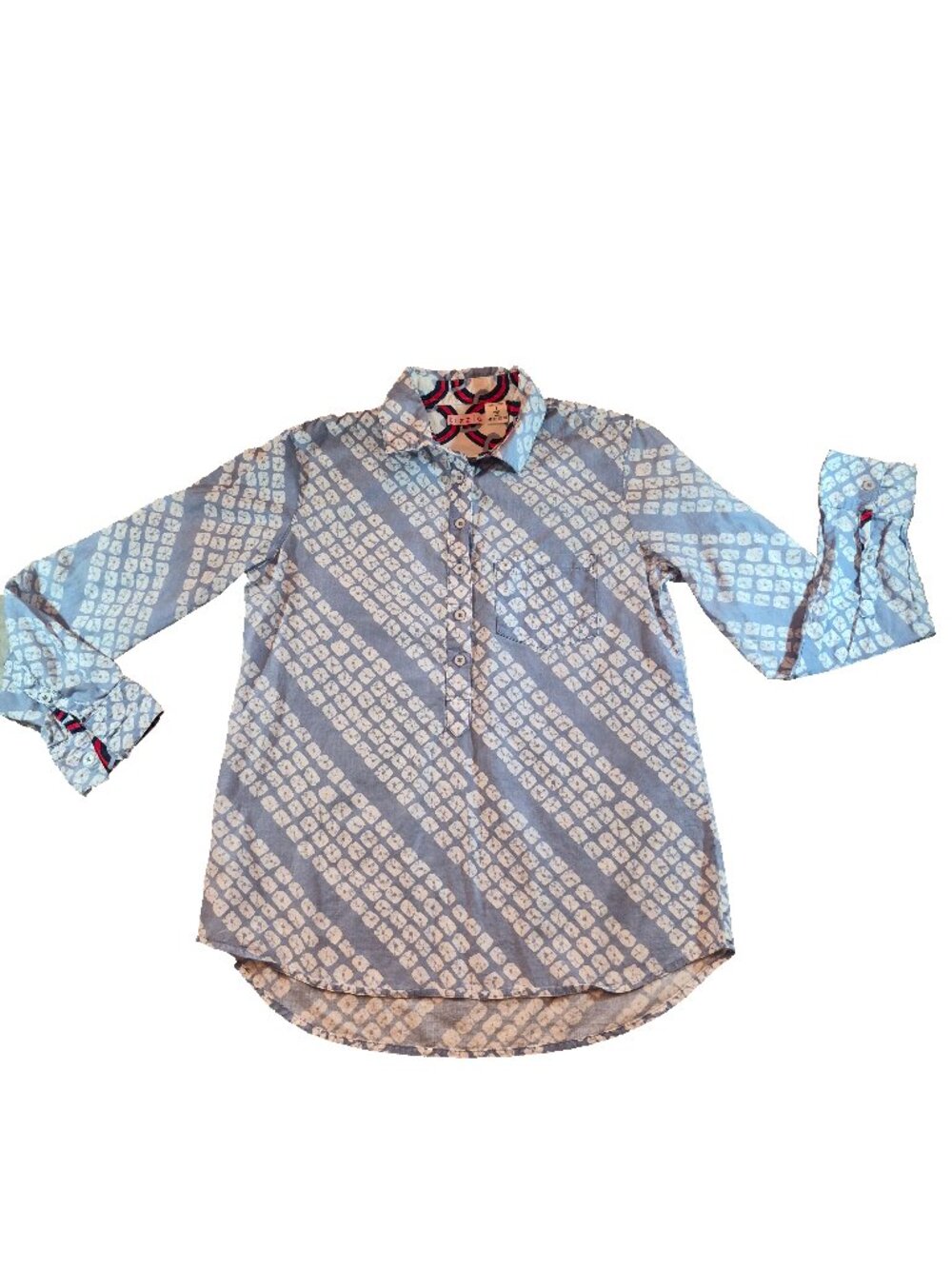 Tizzie Womens Shirt S Blue White Geometric 100% Cotton Button Front Long Sleeve